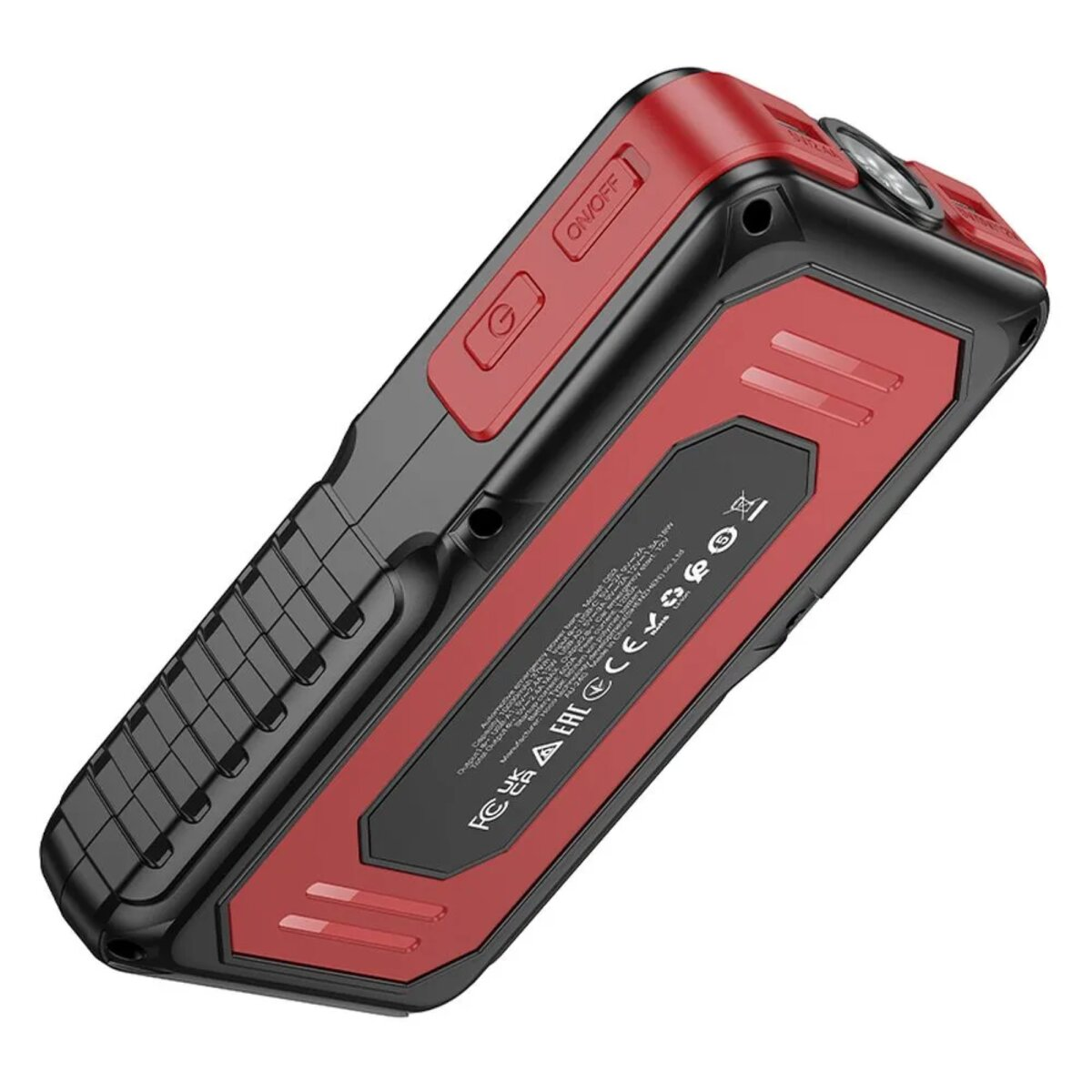 Eine rote und schwarze Powerbank. Sie hat eine Ein-/Aus-Taste und Anschlüsse zum Aufladen und für andere Funktionen.