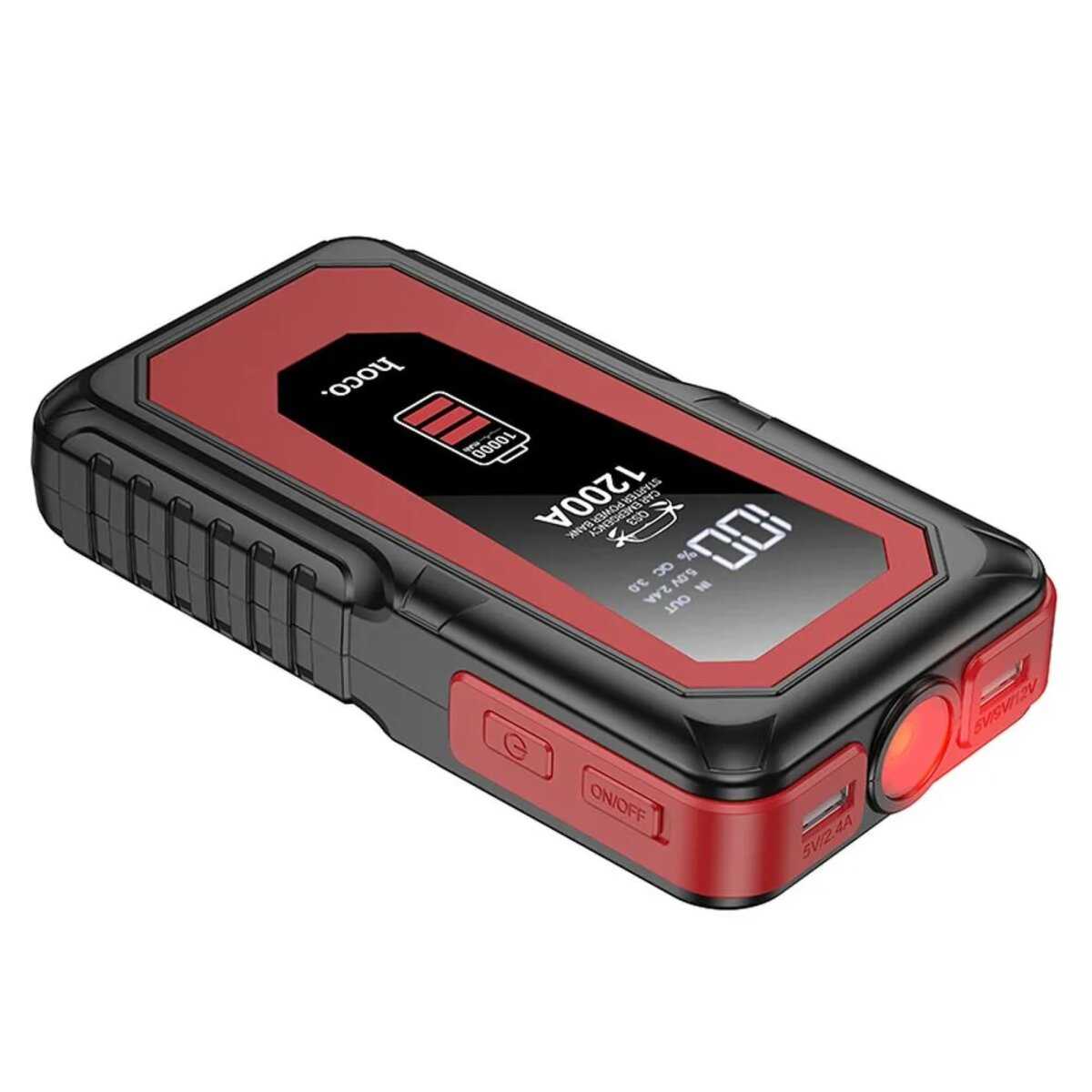 Rote und schwarze tragbare Powerbank. Digitalanzeige zeigt 100% Ladung. Ein/Aus-Taste.