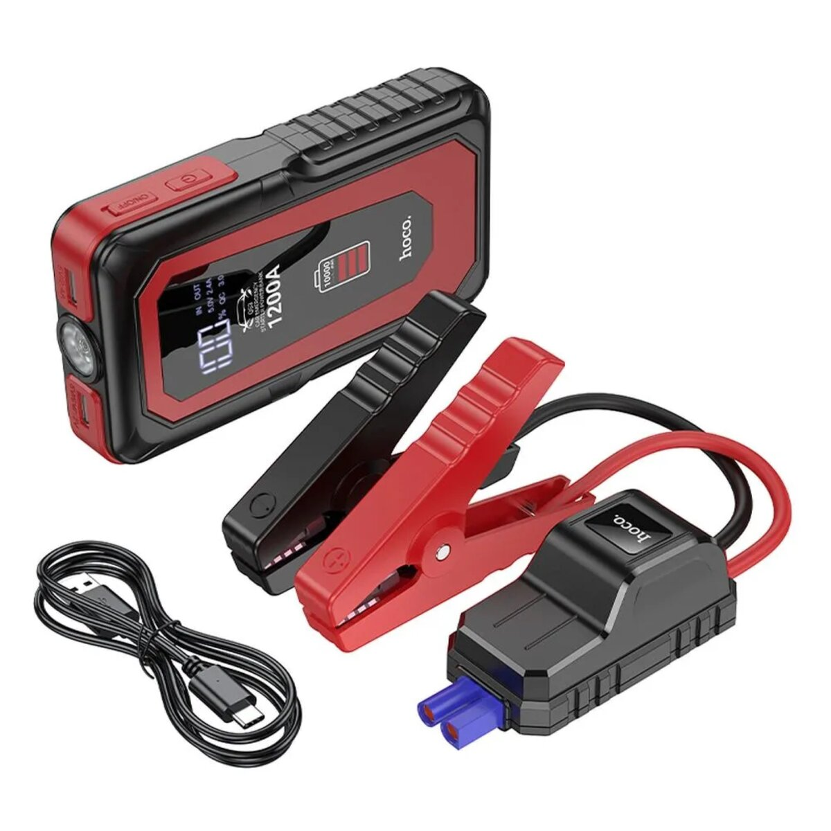 Roter und schwarzer Starthilfe für Autos mit Überbrückungskabeln und Ladekabel.