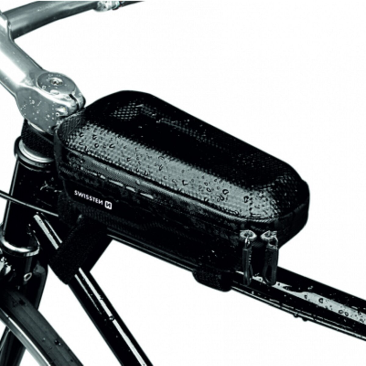 Schwarze Fahrradtasche am Lenker befestigt.