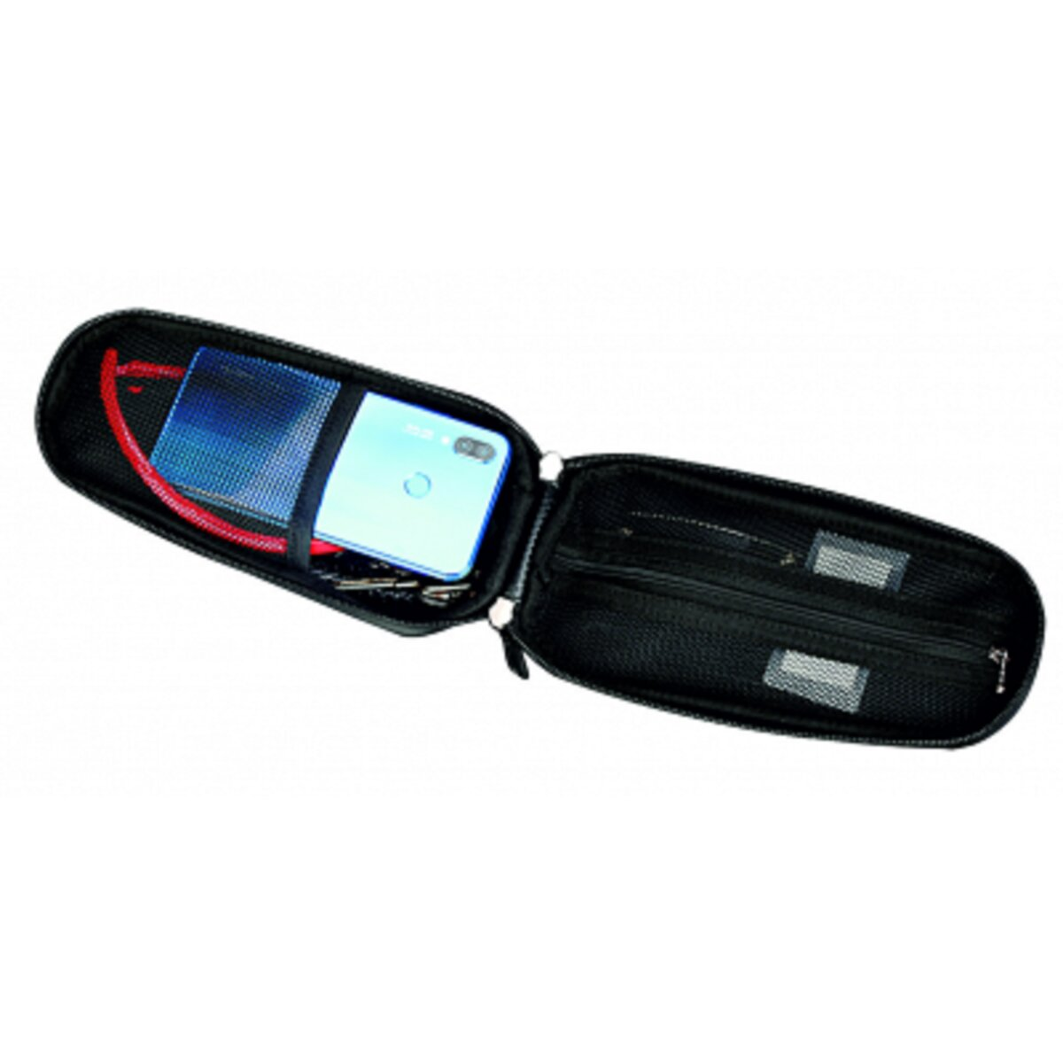 Schwarze Tasche leicht geöffnet mit einem Telefon, Schlüsseln und einer Displayschutzfolie.