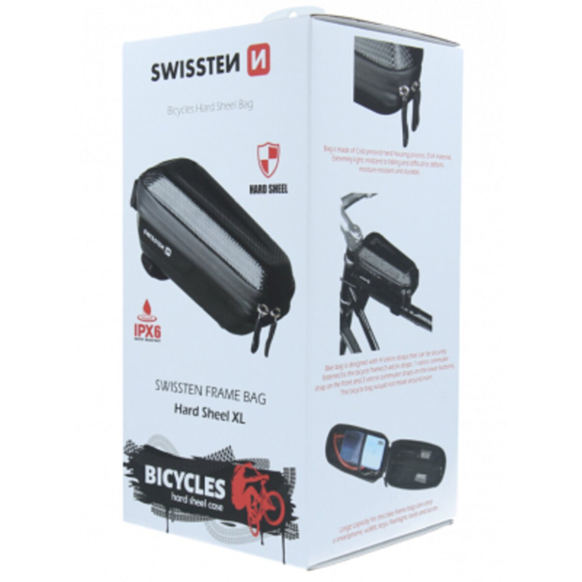 Fahrrad-Rahmentaschenkasten mit Produktdetails und Bildern der Tasche, vor weißem Hintergrund.