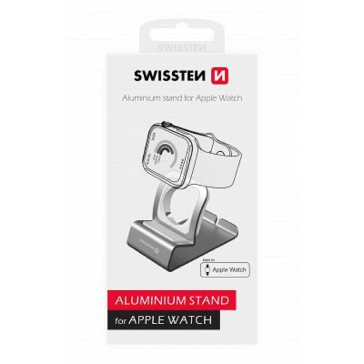 Weiß-silberner Apple Watch-Ständer in einer Box. Der Ständer hält eine Apple Watch.