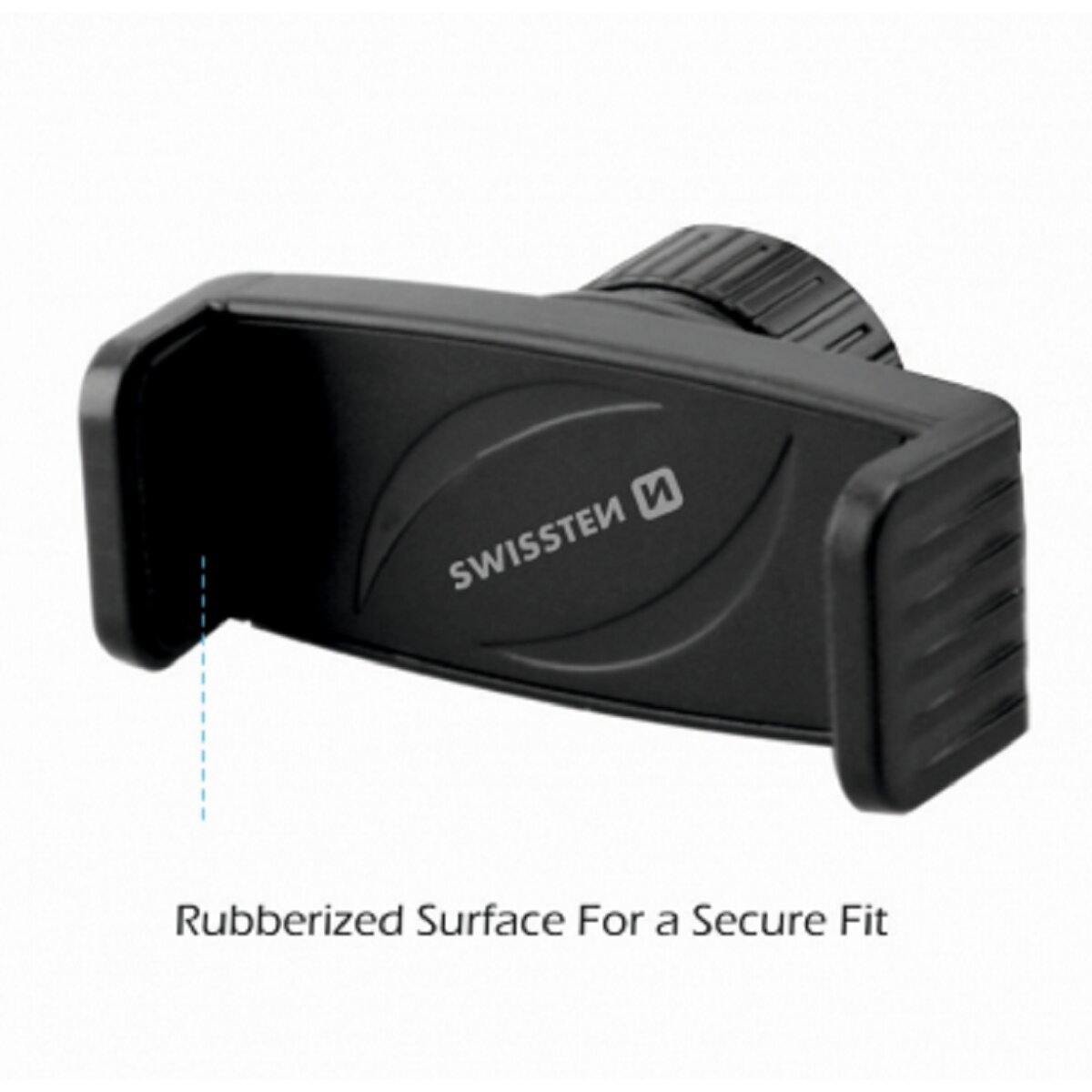 Ein schwarzer Autotelefonhalter mit dem Markennamen 'SWISSTEN'.