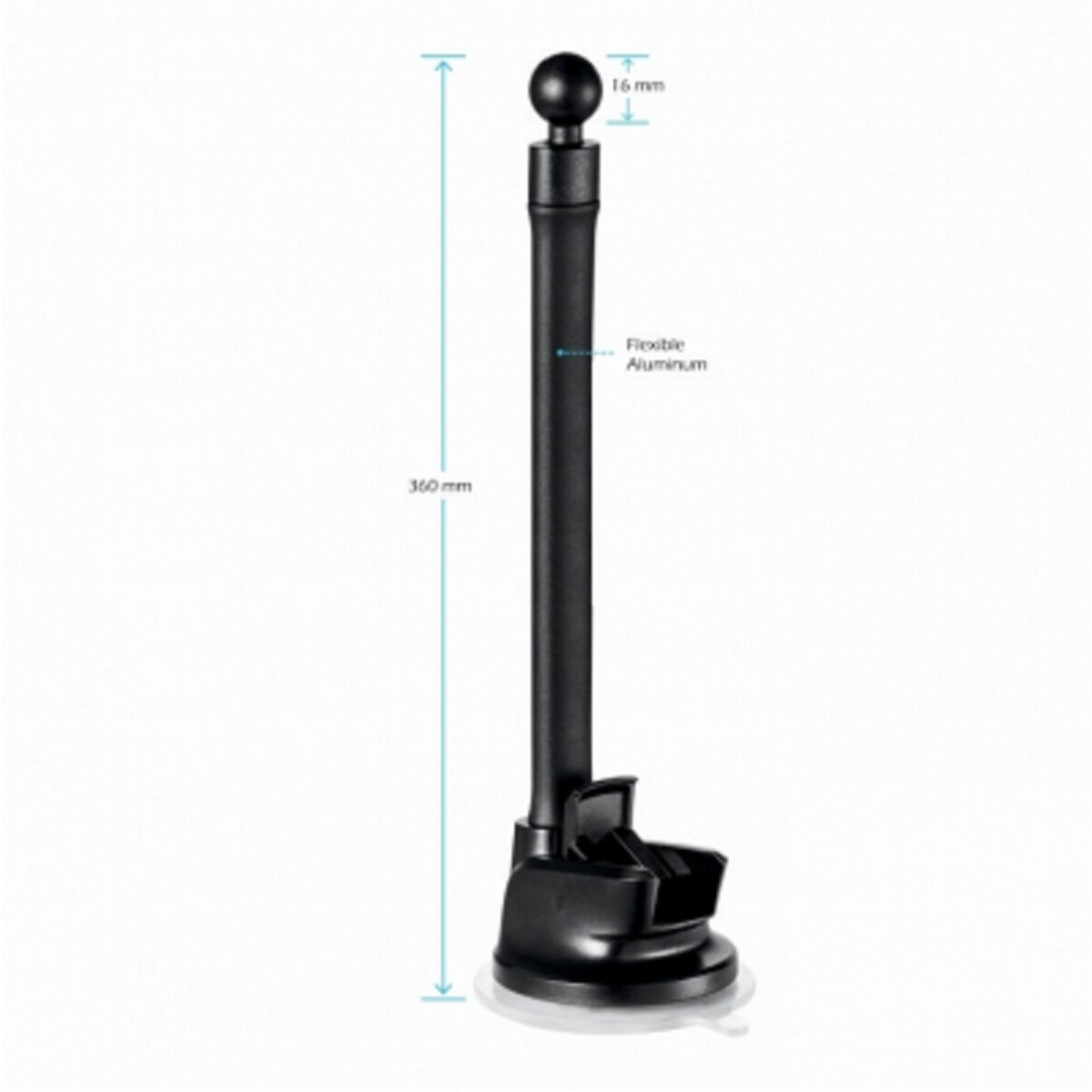 Autohalterung für ein Telefon. Schwarze Halterung mit langem, flexiblem Arm und Saugnapf.