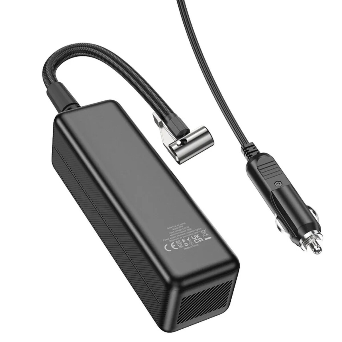 Eine schwarze Luftpumpe mit Kabel und Auto-Adapter. Die Pumpe hat ein Digitaldisplay und einen Schlauch.