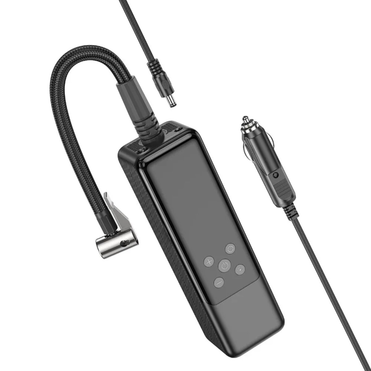 Schwarz-grauer Autoreifenfüller mit Display, Netzkabel und Reifenventilanschluss.