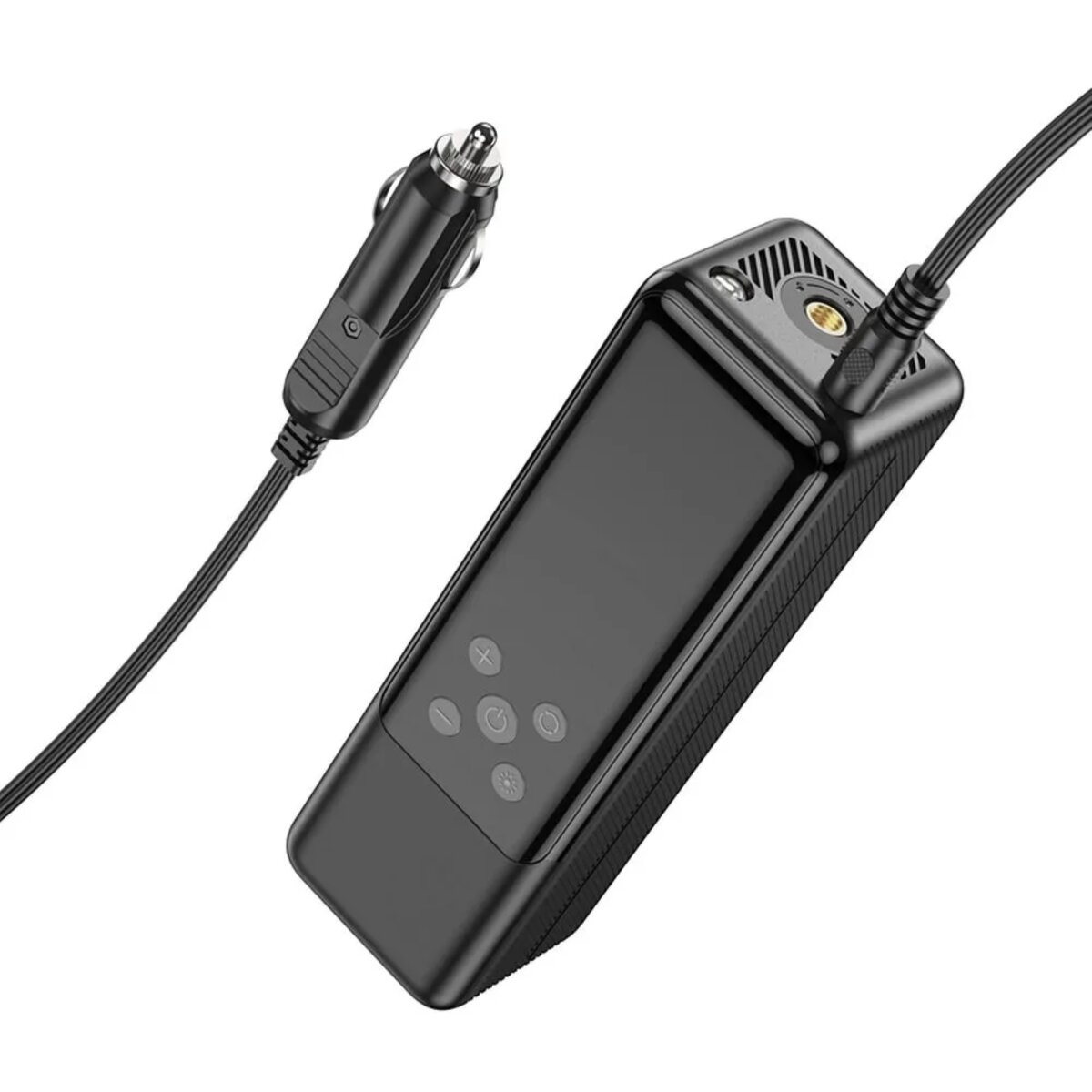 Schwarze Autoluftpumpe mit Zigarettenanzünderadapter und schwarzem Kabel.