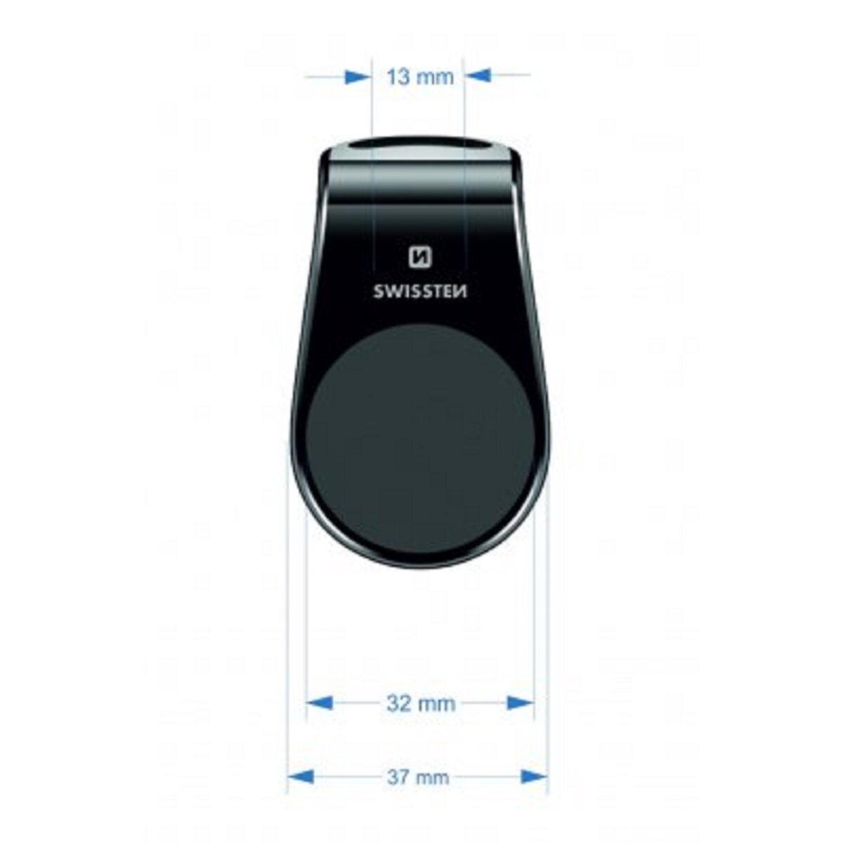 Schwarze Telefonhalterung mit Abmessungen: 37 mm breit, 32 mm Basisdurchmesser und 13 mm obere Breite, mit Swisssten-Branding.