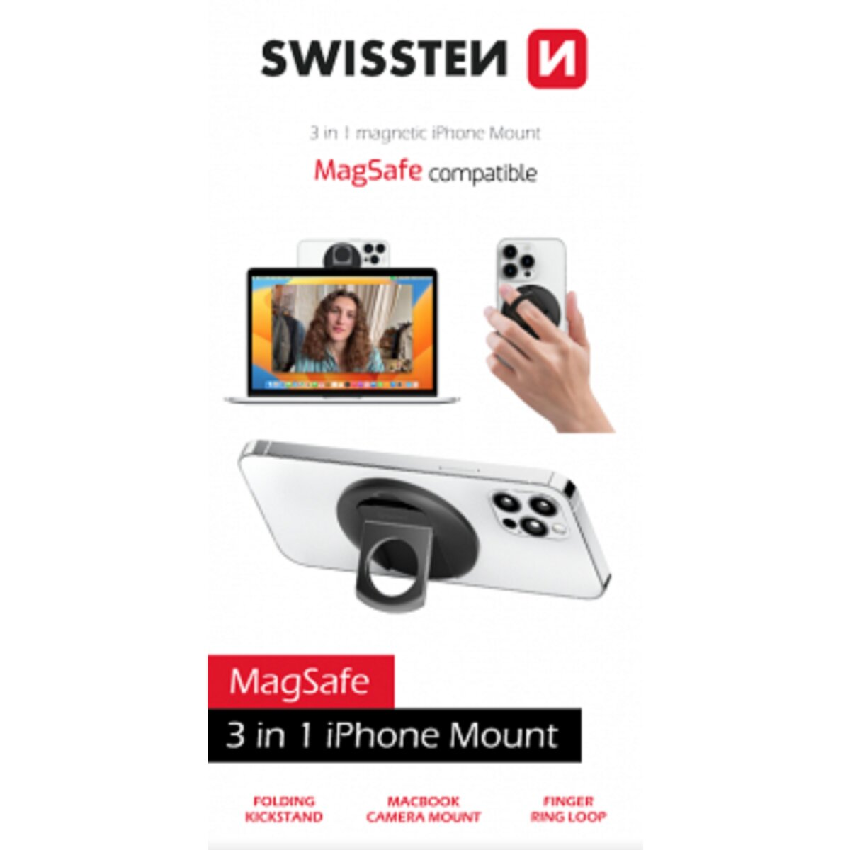 Ein Werbebild, das ein Telefon mit Ringschlaufe, Laptop und eine magnetische Telefonhalterung zeigt.