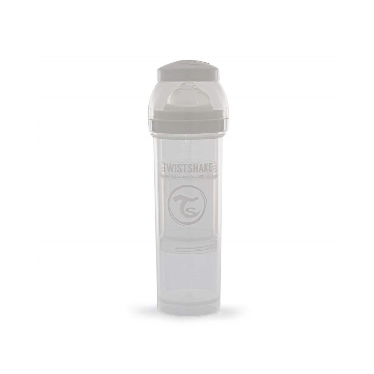 Transparente Twistshake Babyflasche. Weißer Hintergrund.