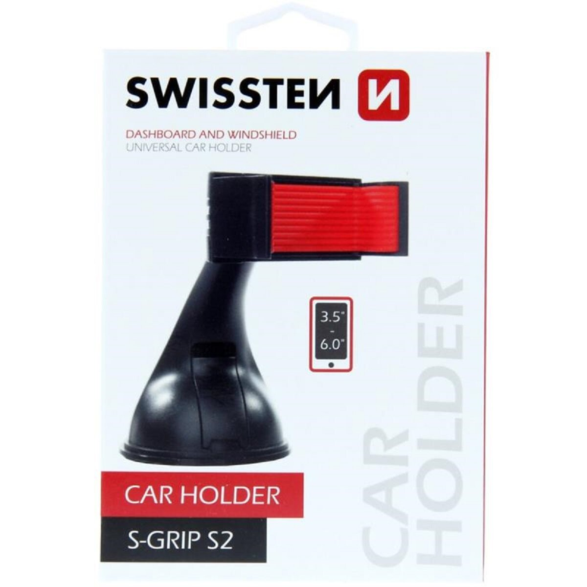 Schwarzer Autohalter mit rotem Griff, Verpackung mit Text und weißem Hintergrund.