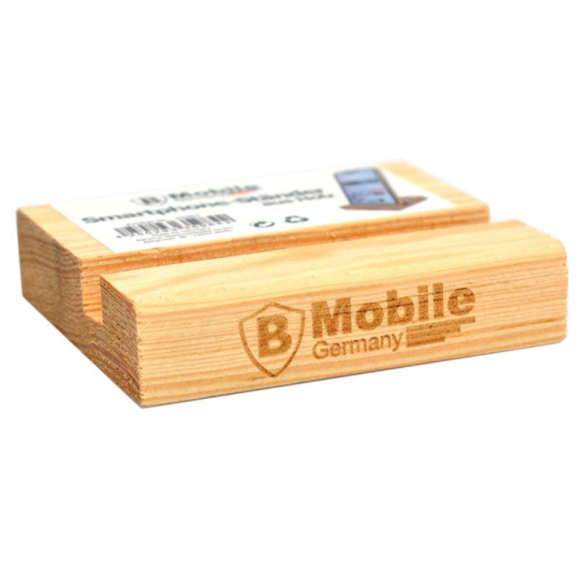 Ein Smartphone-Ständer aus Holz mit dem Logo von B Mobile Germany darauf eingraviert.