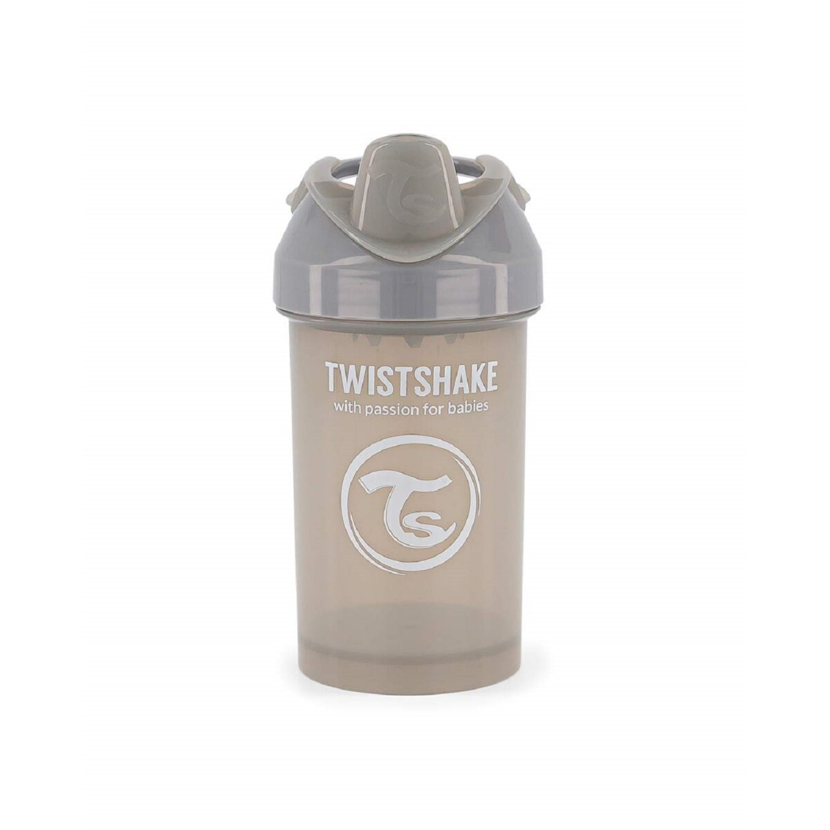 Transparente und graue Twistshake Babyflasche mit grauem Deckel, schräg auf weißer Oberfläche.