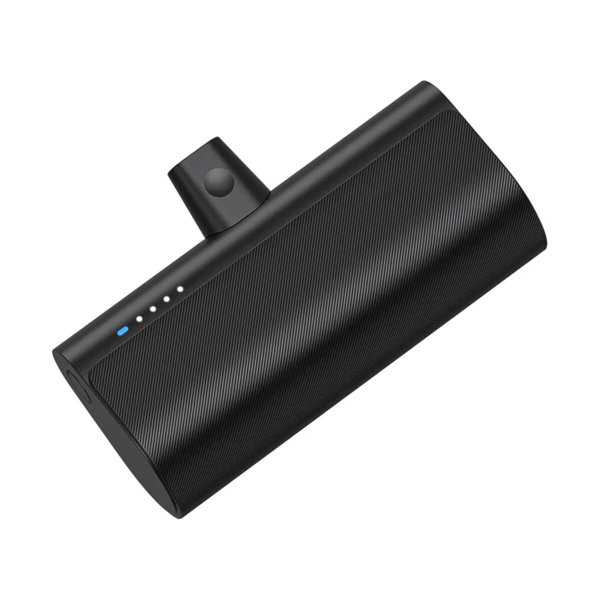 Power bank nero con caricatore Apple Watch. Il power bank ha un design a coste e una luce blu.