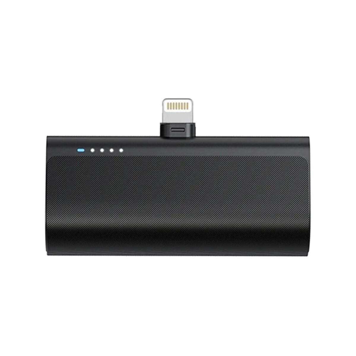 Un power bank nero con connettore Lightning su sfondo bianco.