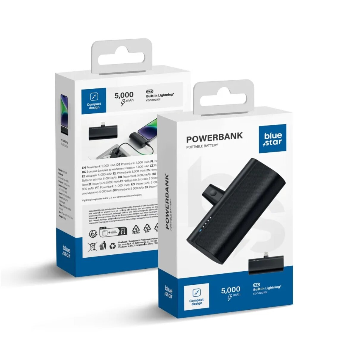 Powerbank in una scatola con un powerbank nero. La scatola ha testo in più lingue.