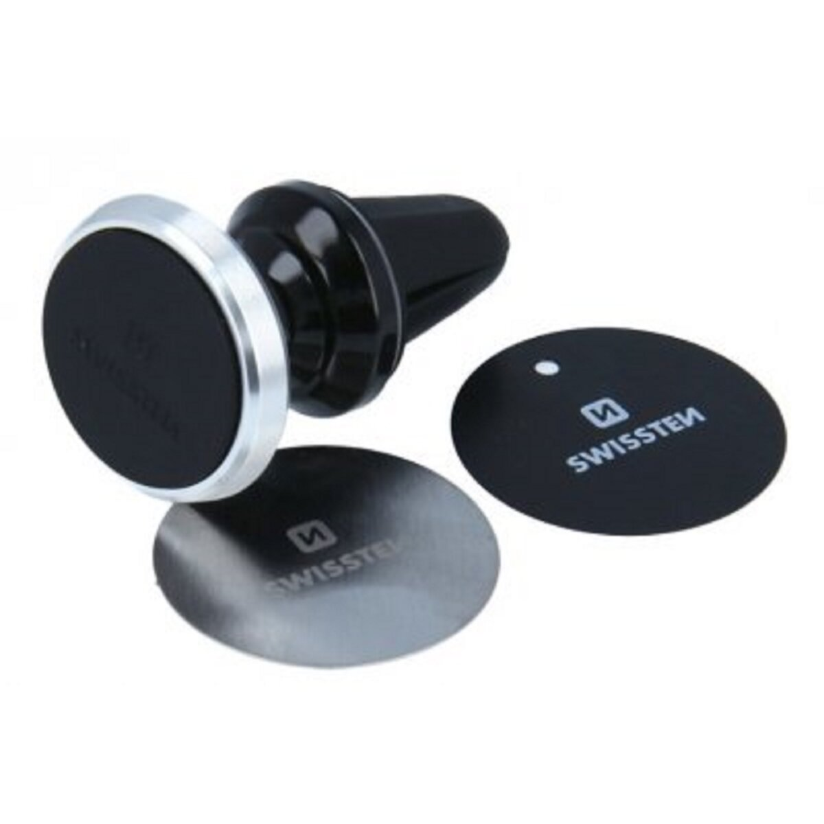 Autohalter mit Magnetfuß. Er hat einen schwarzen Körper und einen silbernen Ring. Zwei Metallplatten.