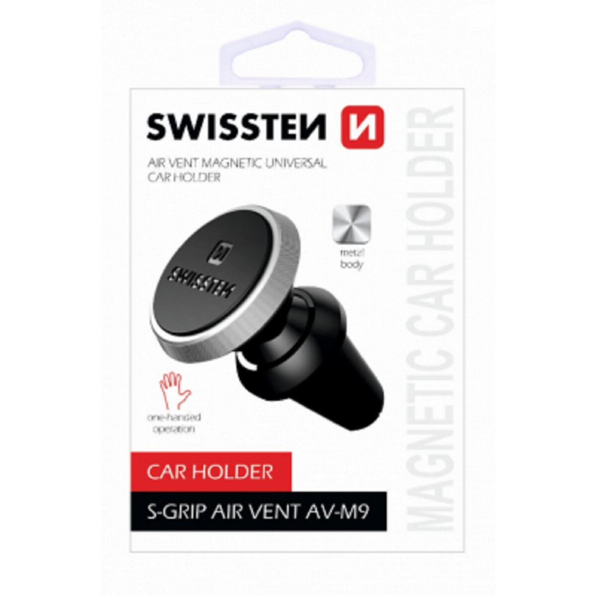 Ein Autotelefonhalter mit einer Luftschlitzbefestigung. Die Verpackung zeigt den Halter und die Marke ist Swisssten.