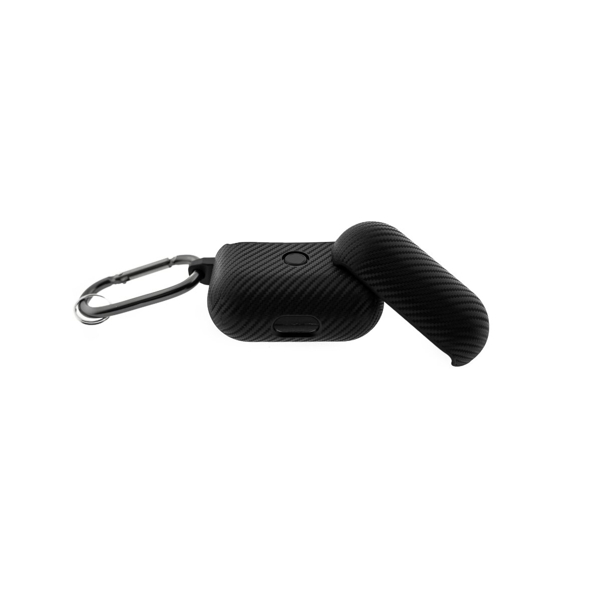 Eine schwarze Carbonfaser-Hülle für AirPods. Sie hat einen Karabinerhaken zum Befestigen an einer Tasche oder einem Schlüsselbund.