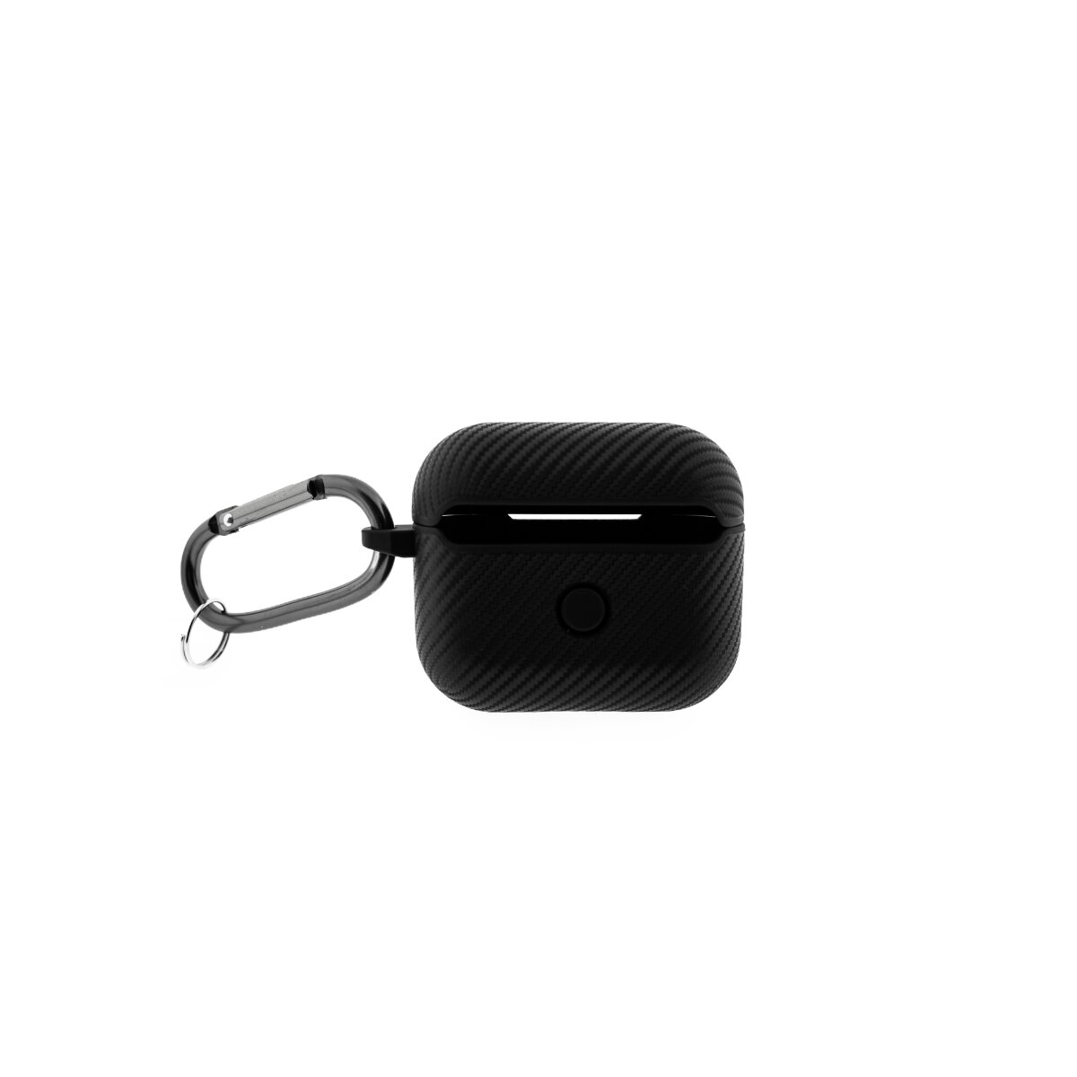 Ein schwarzes AirPods-Etui mit Karabinerhaken wird auf weißem Hintergrund gezeigt.