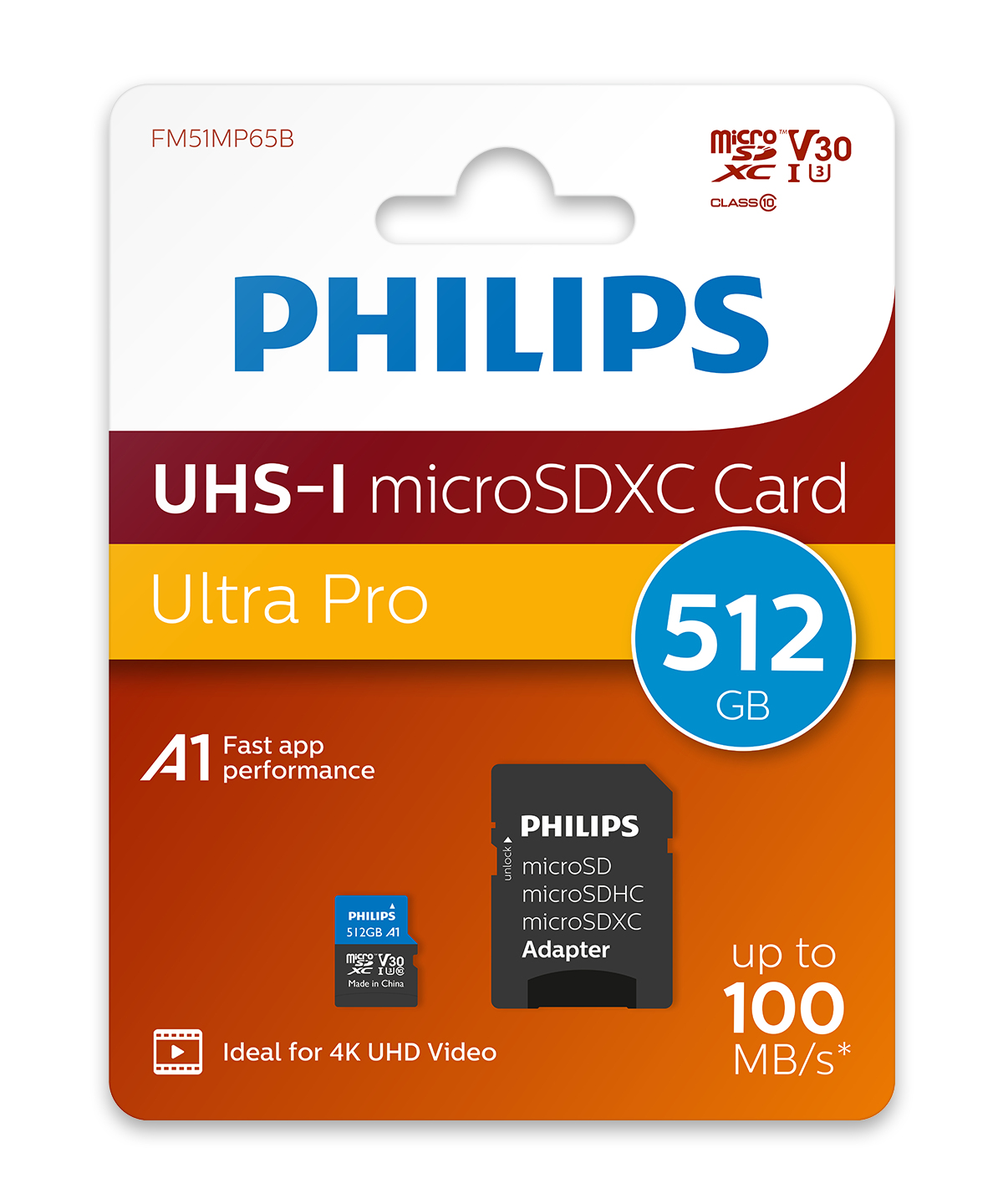 Philips MicroSD-Karte, 512GB, mit Adapter. Weiß-rote Verpackung.