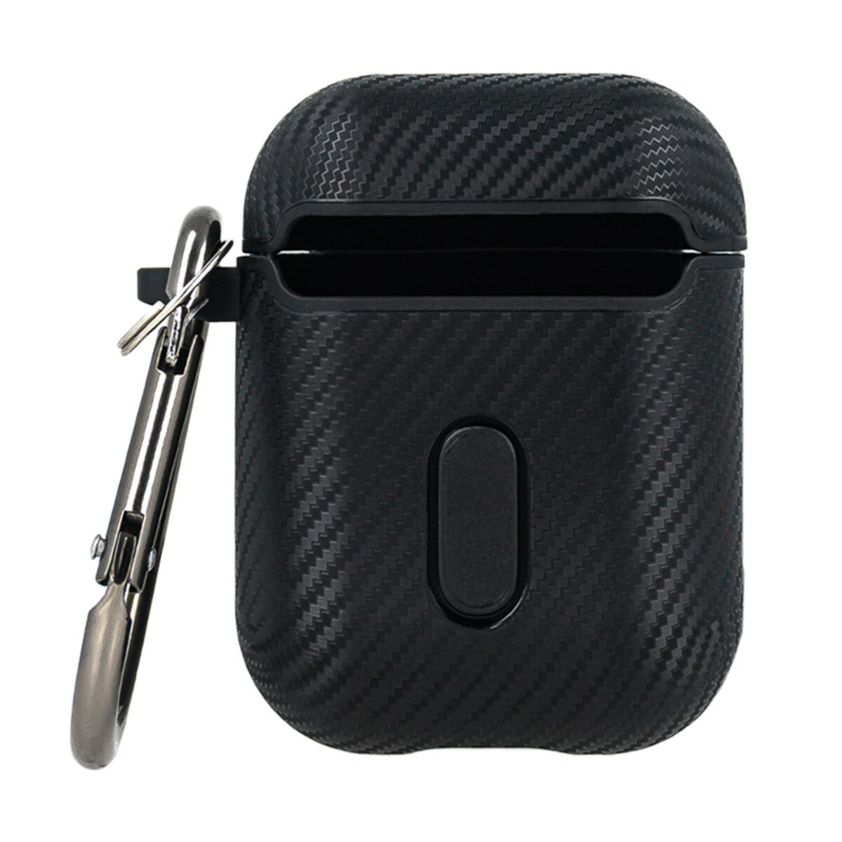 Schwarzes Carbonfaser-AirPods-Etui mit silbernem Karabinerhaken. Weißer Hintergrund.