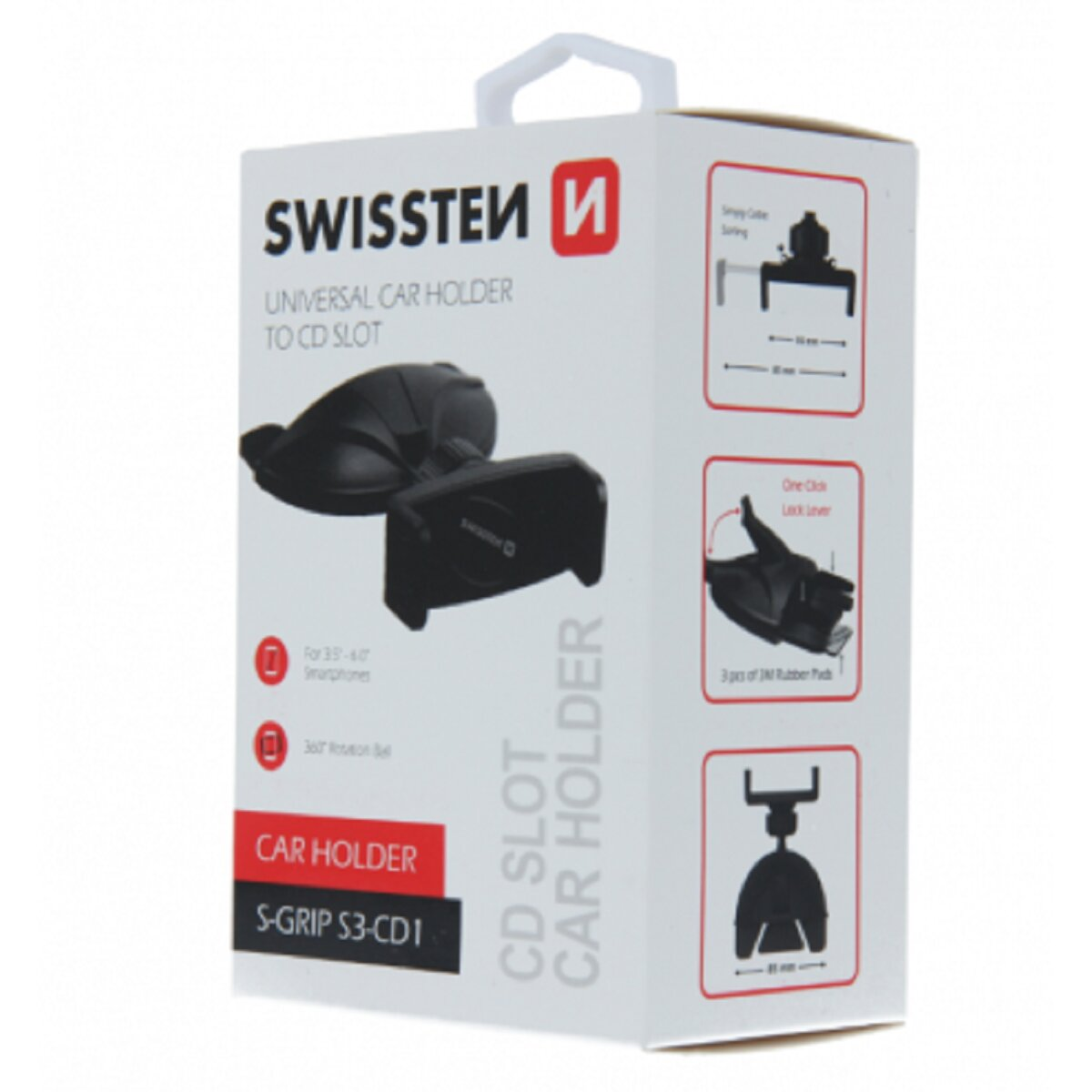 Eine weiße Box mit einem schwarzen Autohandyhalter und Diagrammen auf weißem Grund.