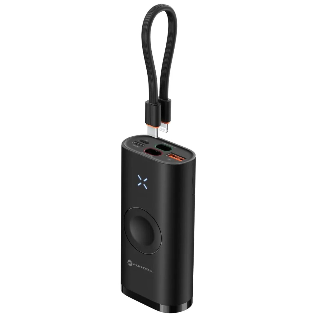 Schwarze Powerbank mit Ladekabel und kabellosem Ladesymbol. Das Kabel ist befestigt.