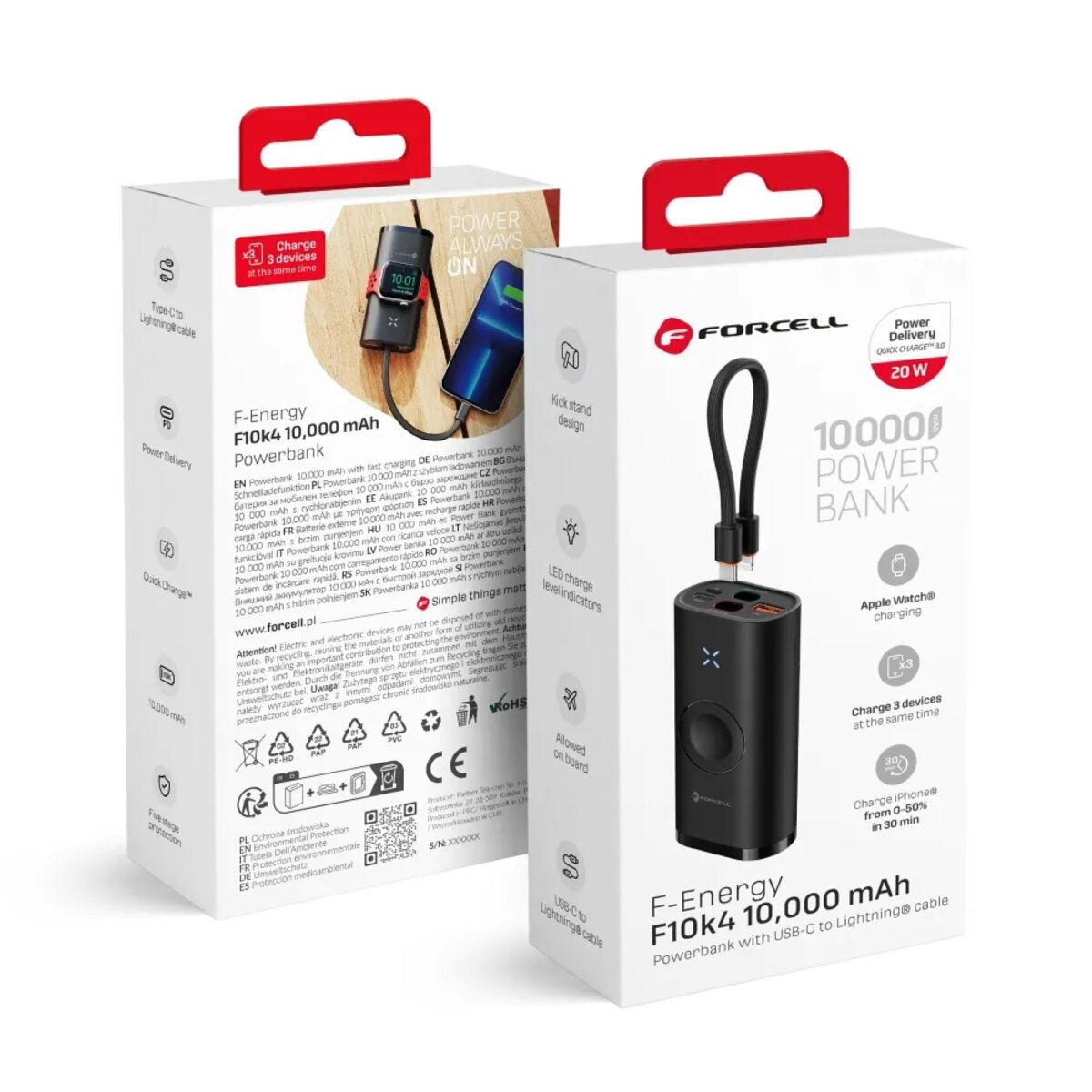 Powerbank mit zwei Boxen, eine zeigt, wie die Powerbank drei Geräte auflädt.