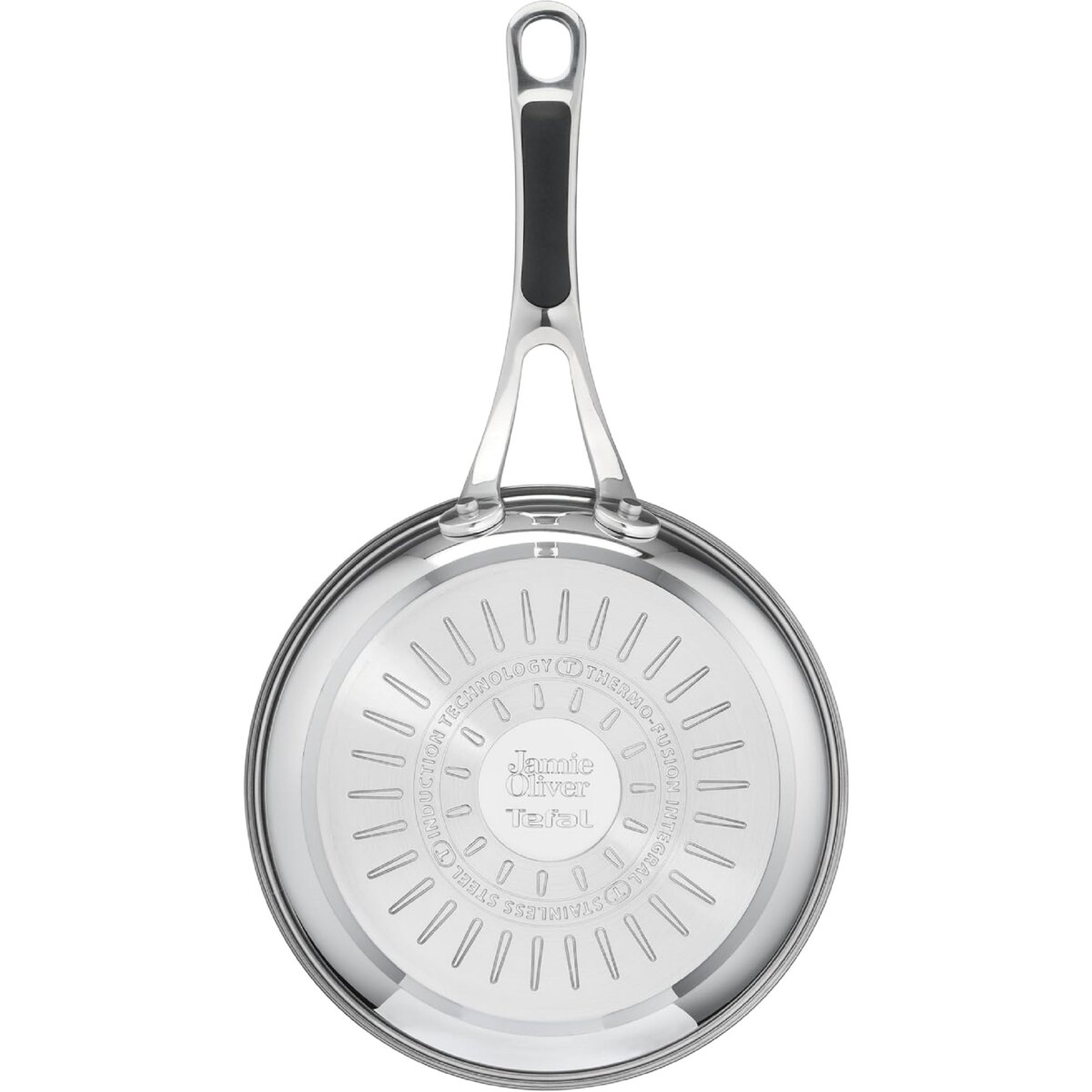 Edelstahlpfanne, Boden sichtbar, mit Jamie Oliver und Tefal Branding, schwarzer Griff.