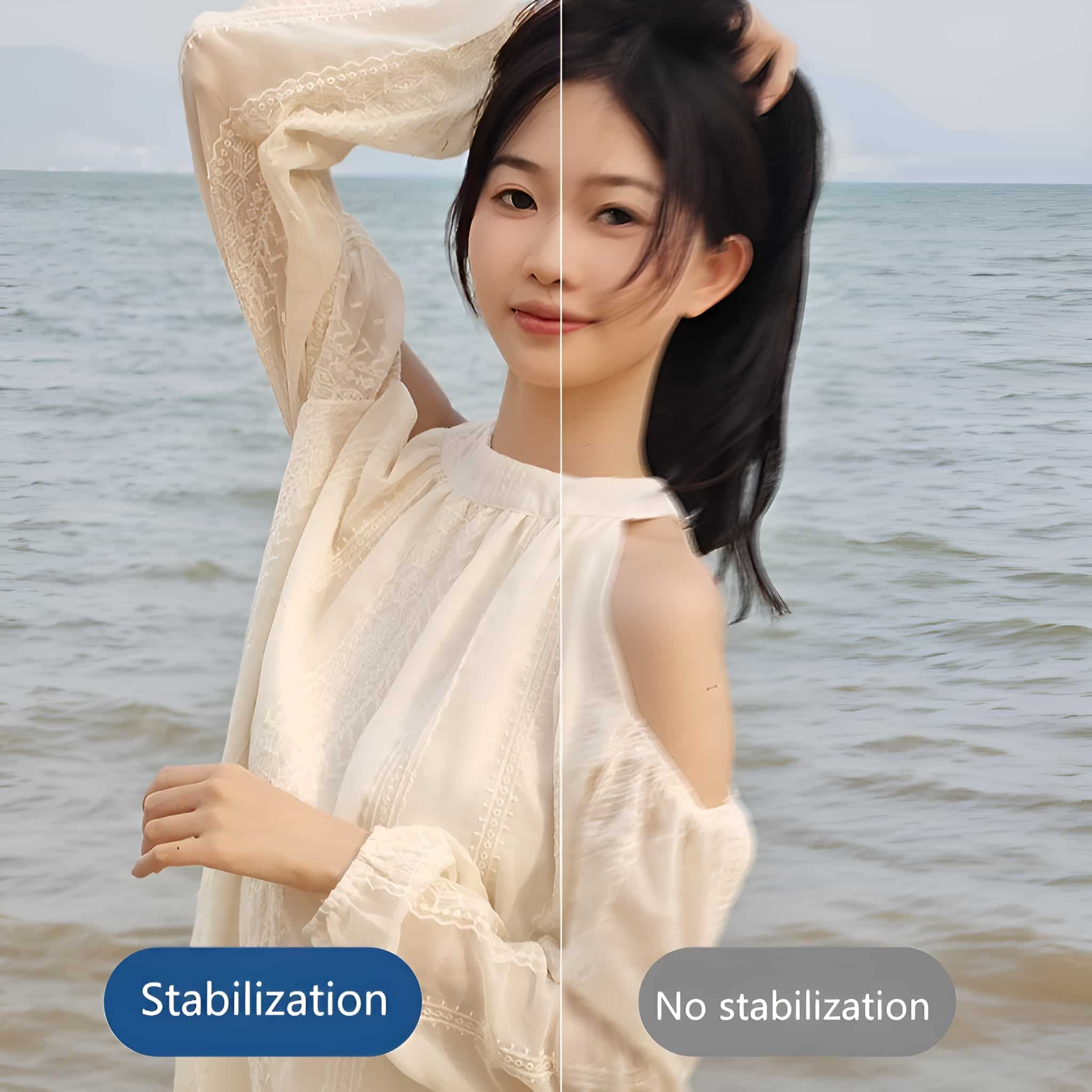 Eine Frau in weißem Kleid. Links zeigt Stabilisierung, rechts keine Stabilisierung.