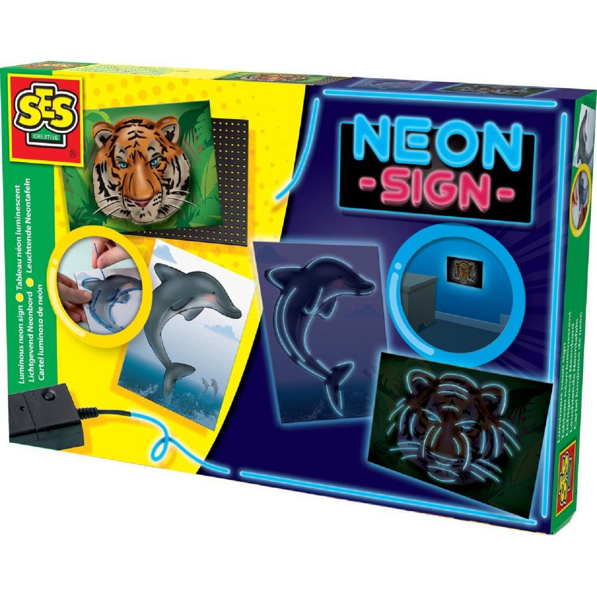 Box mit Neon-Schild-Kit. Enthält Tiger- und Delfinbilder. Schwarzes Netzkabel.