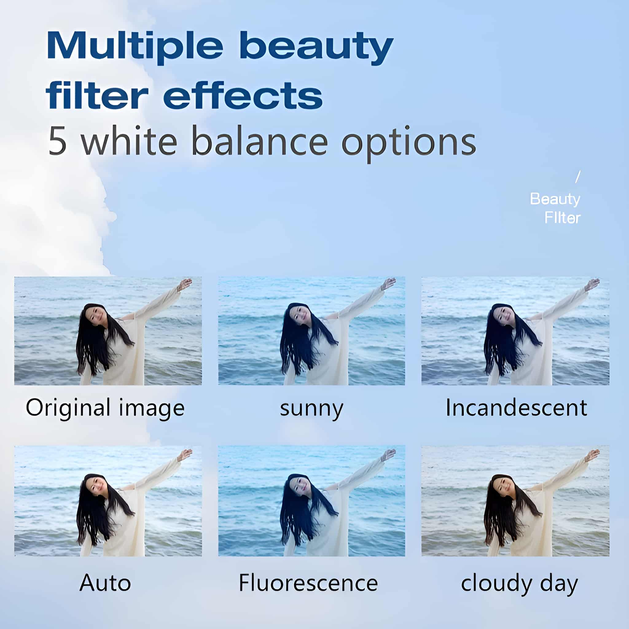 Mehrere Bilder einer Frau mit verschiedenen Fotoeffekten. Der Himmel ist blau.