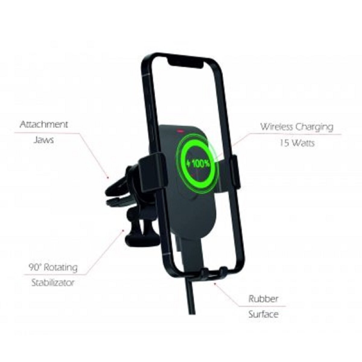 Schwarzer Telefonhalter für Autos mit Telefon und drahtloser Ladeanzeige auf weißem Hintergrund.