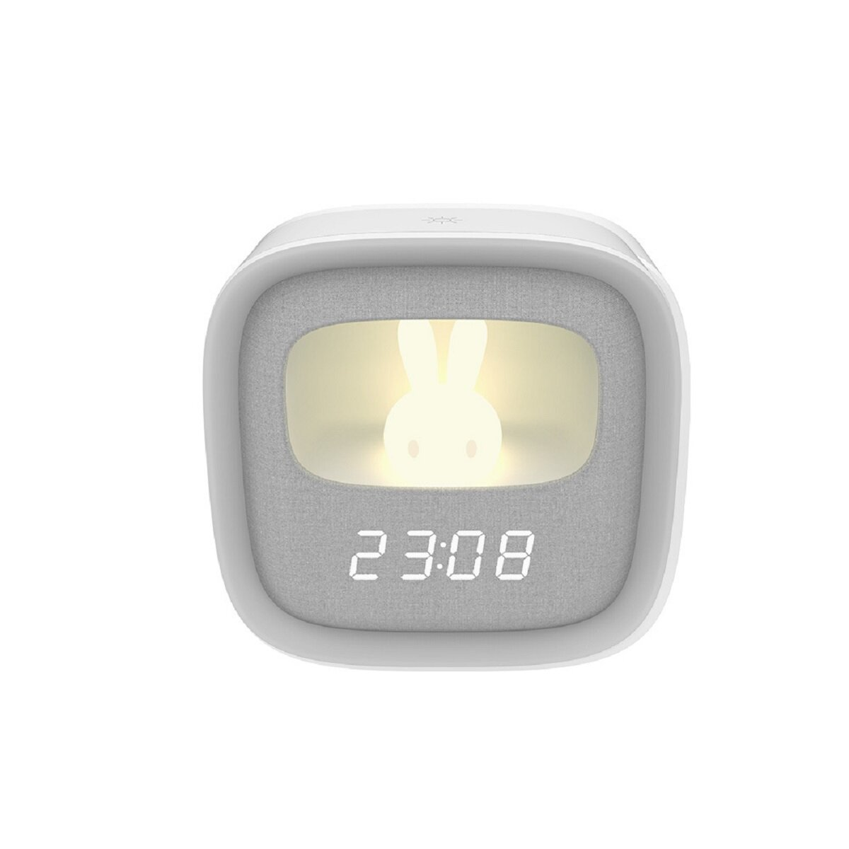 Lampe Miffy blanche et grise avec une figurine de lapin lumineuse et une horloge numérique affichant 23:08.