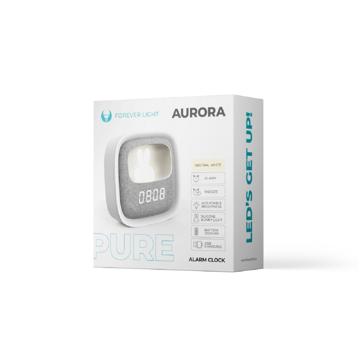Boîte blanche avec un petit réveil blanc. Il a un écran et le texte dit : Aurora, Pure, Réveil.