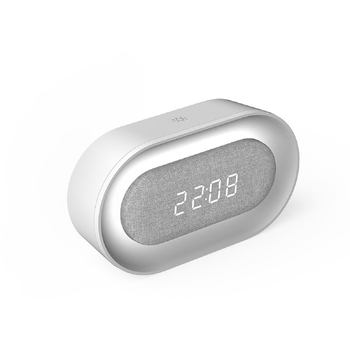 Weißer digitaler Wecker. Das Display zeigt 22:08. Die Uhr hat einen grauen Lautsprecher in der Mitte.