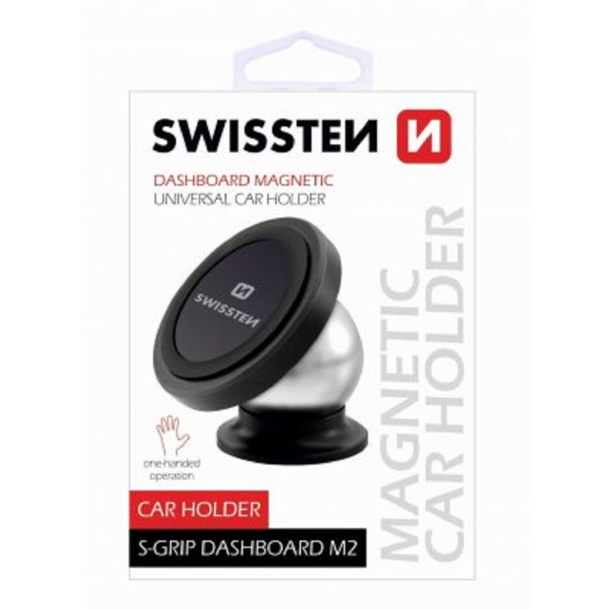 Magnetischer Halter fürs Armaturenbrett in Verpackung, schwarz und silber, mit weißem Aufhänger. Einhandbedienung.