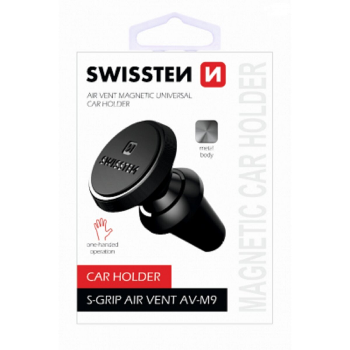 Ein schwarzer Autohalter mit einem befestigten schwarzen, runden Magnethalter und weißem Hintergrund.