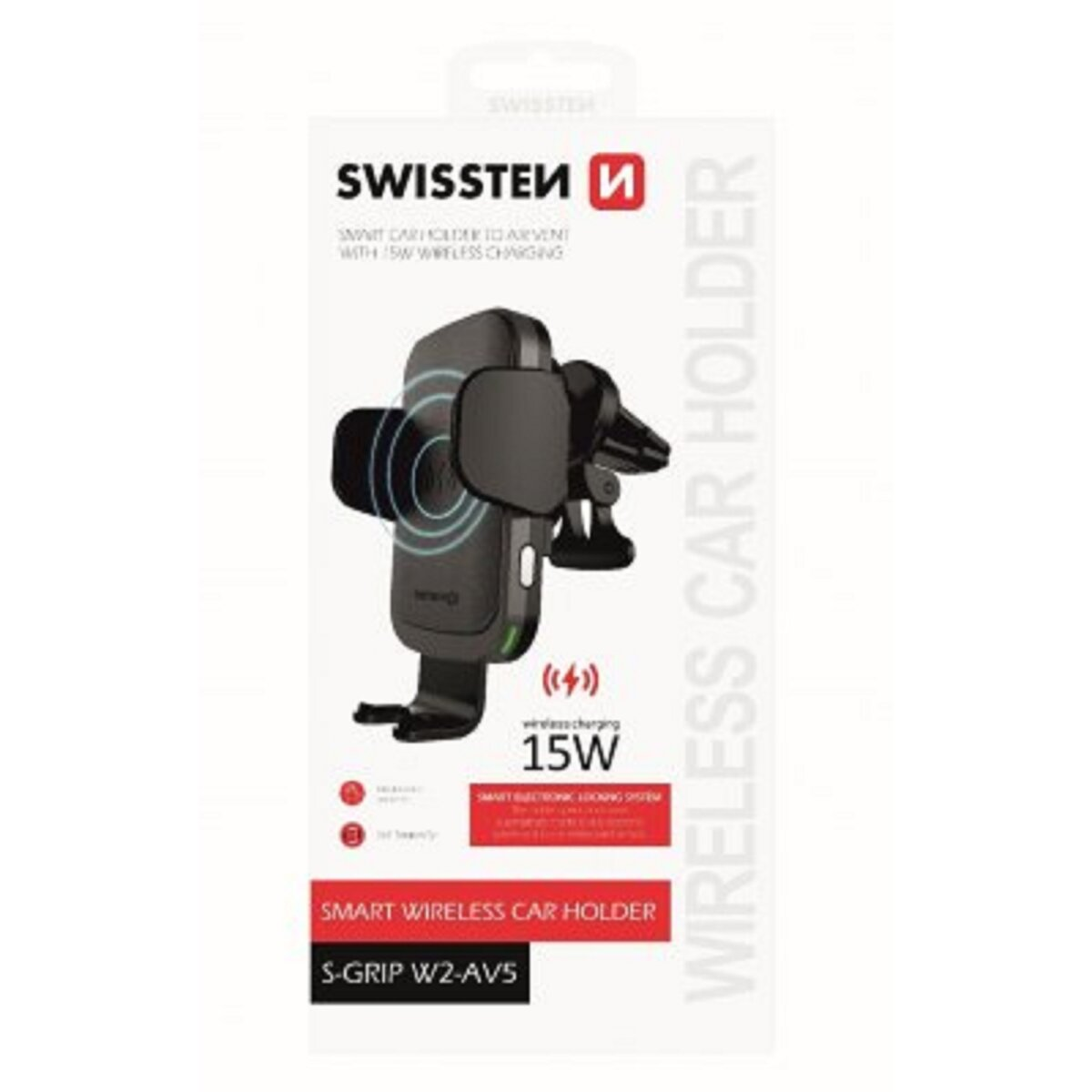 Ein weißer und schwarzer Autohalter. Der Halter hat ein kabelloses Ladesystem und 15W Leistung.