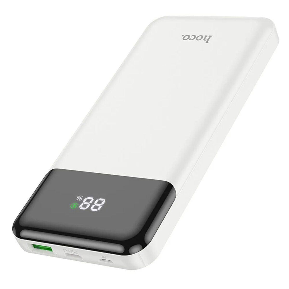 Eine weiße Powerbank mit schwarzem Display, das 88 % Ladung anzeigt. Der Markenname ist „hoco“.