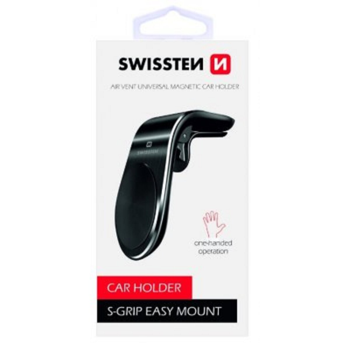 Ein schwarzer magnetischer Autotelefonhalter in seiner Verpackung, mit Text und Logos.
