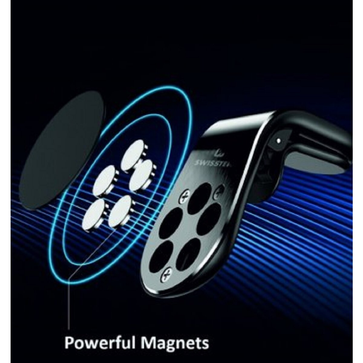 Schwarze Autotelefonhalterung mit Magneten, auf blauem Hintergrund.