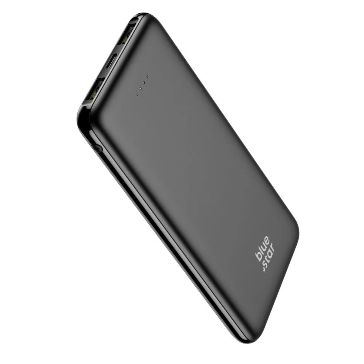 Schwarze Powerbank mit abgerundeten Kanten und blauem Sternlogo. Sie ist leicht angewinkelt.