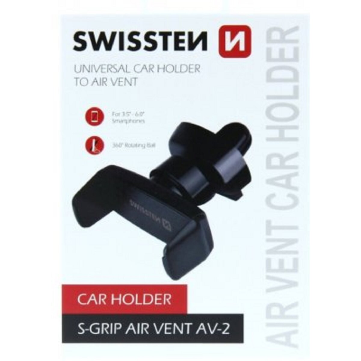 Schwarzer Autolüftungs-Telefonhalter mit dem Text 'SwissTen' und 'Car Holder' auf der Box.