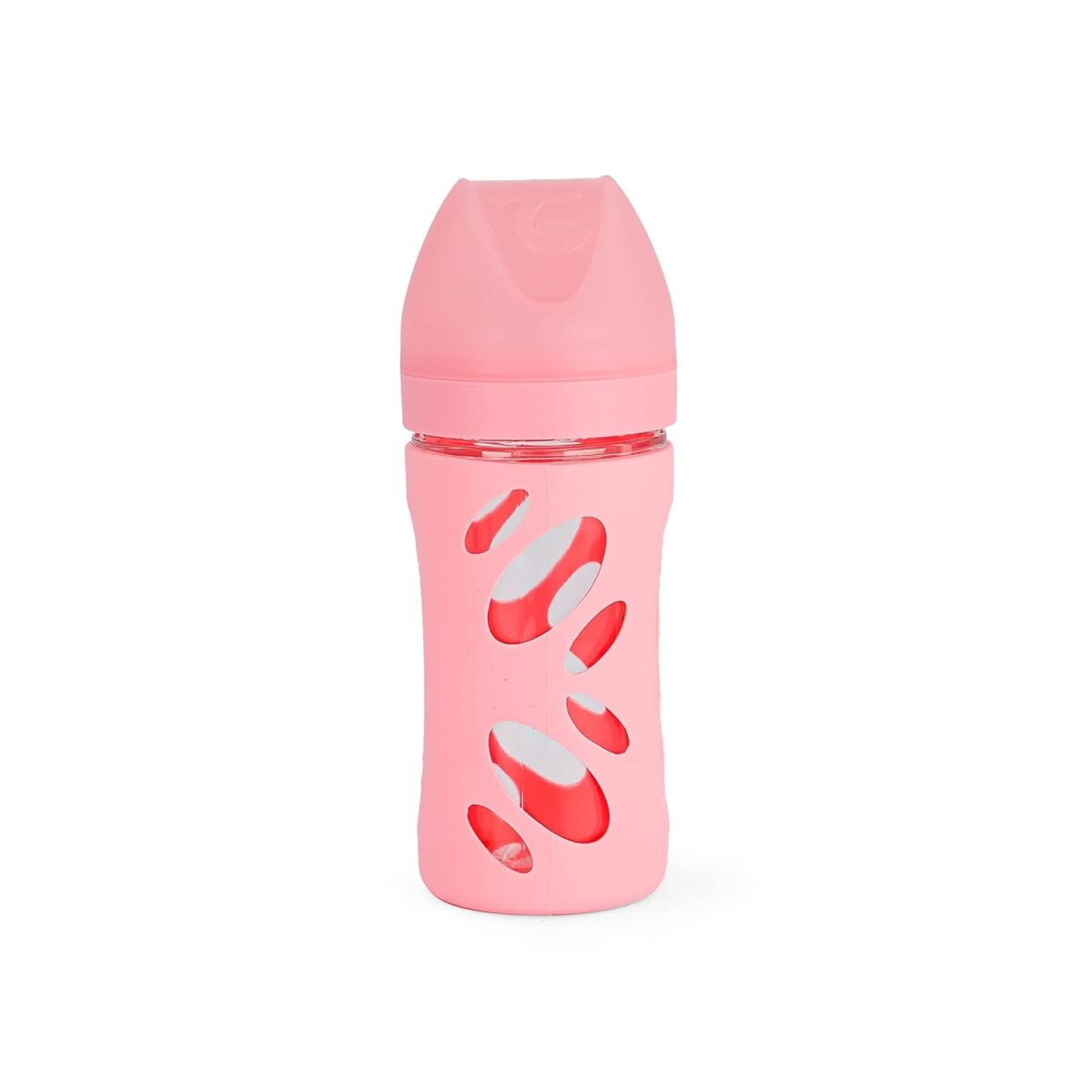 Eine rosa Babyflasche. Sie hat eine rosa Flasche, einen rosa Deckel und eine rosa Hülle mit Löchern.