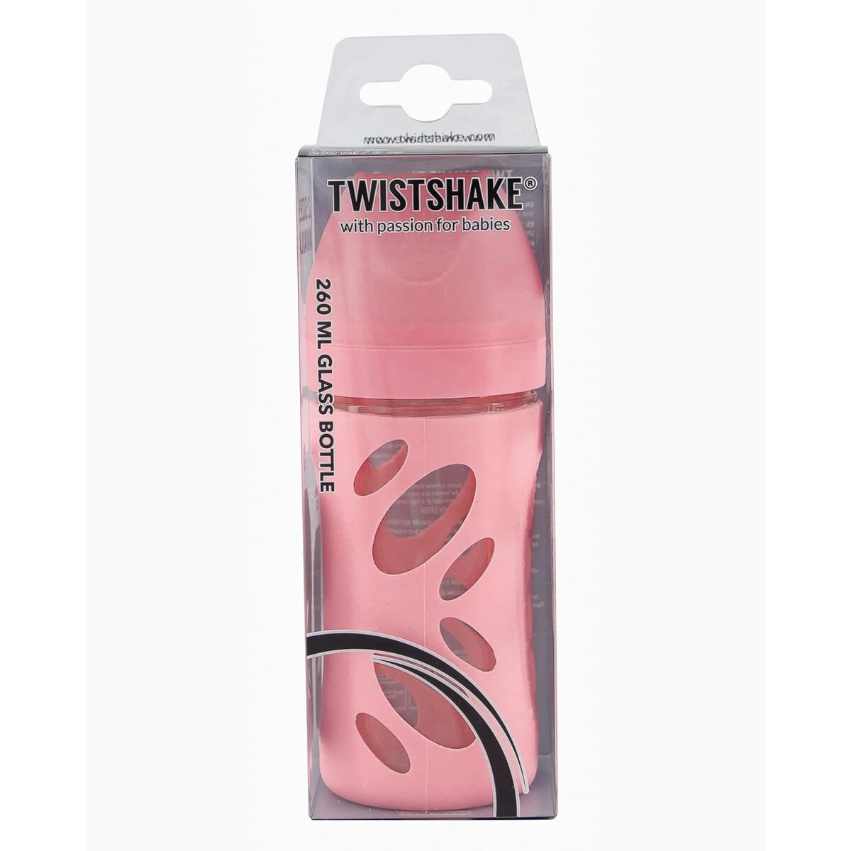 Eine rosa Babyflasche in einem transparenten Behälter mit rosafarbenem Design, in einer Box.