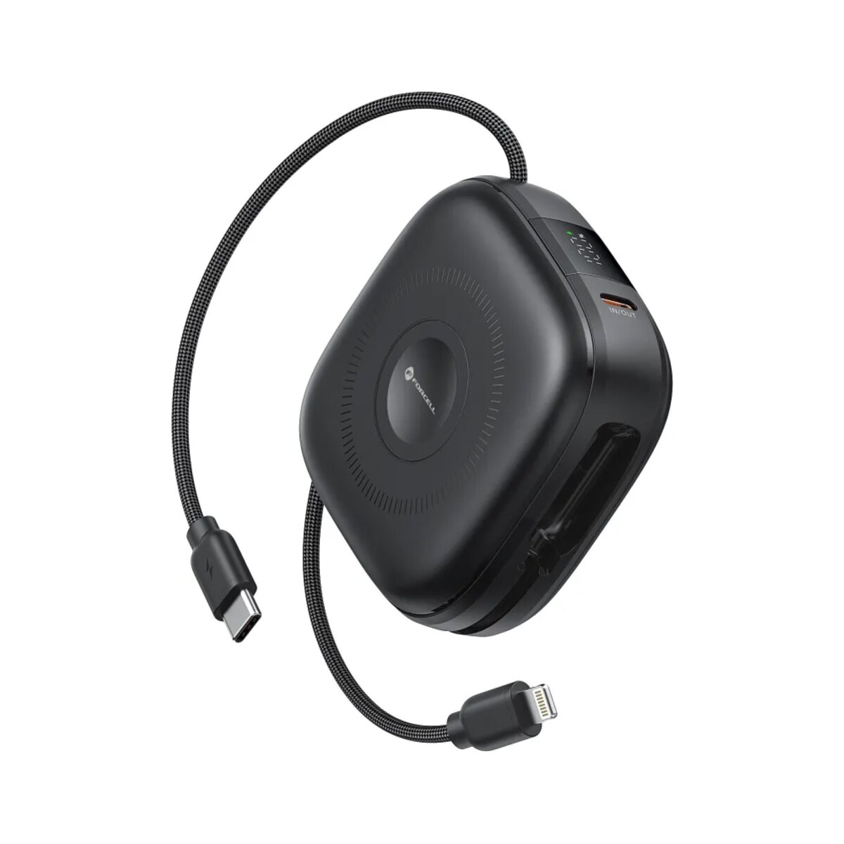 Schwarze Powerbank mit kabelloser Ladestation, Ladekabel sowie USB-C- und Lightning-Anschluss.
