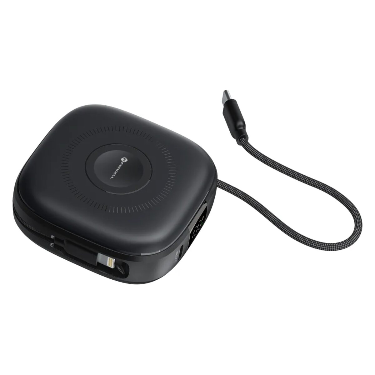 Ein schwarzer Lade-Hub mit einem USB-C-Kabel. Es gibt Steckplätze für verschiedene Anschlüsse.